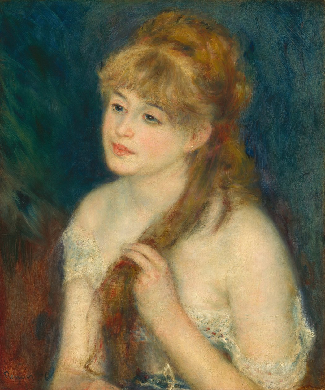 Nuori nainen punomassa hiuksiaan, 1876 tekijältä Pierre Auguste Renoir