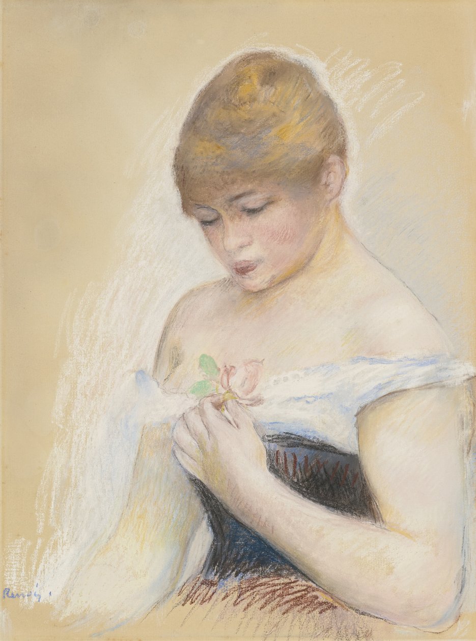 Nuori nainen, jolla on kukka. Näyttelijä Jeanne Samaryn muotokuva, n. 1880 tekijältä Pierre Auguste Renoir