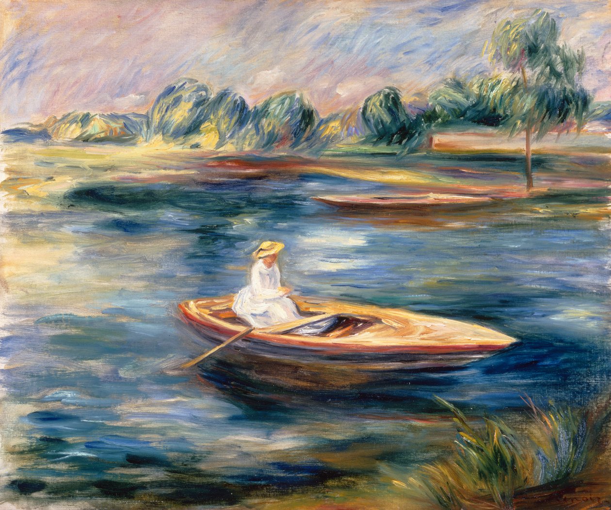 Nuori nainen istuu soutuveneessä (öljy kankaalle) tekijältä Pierre Auguste Renoir