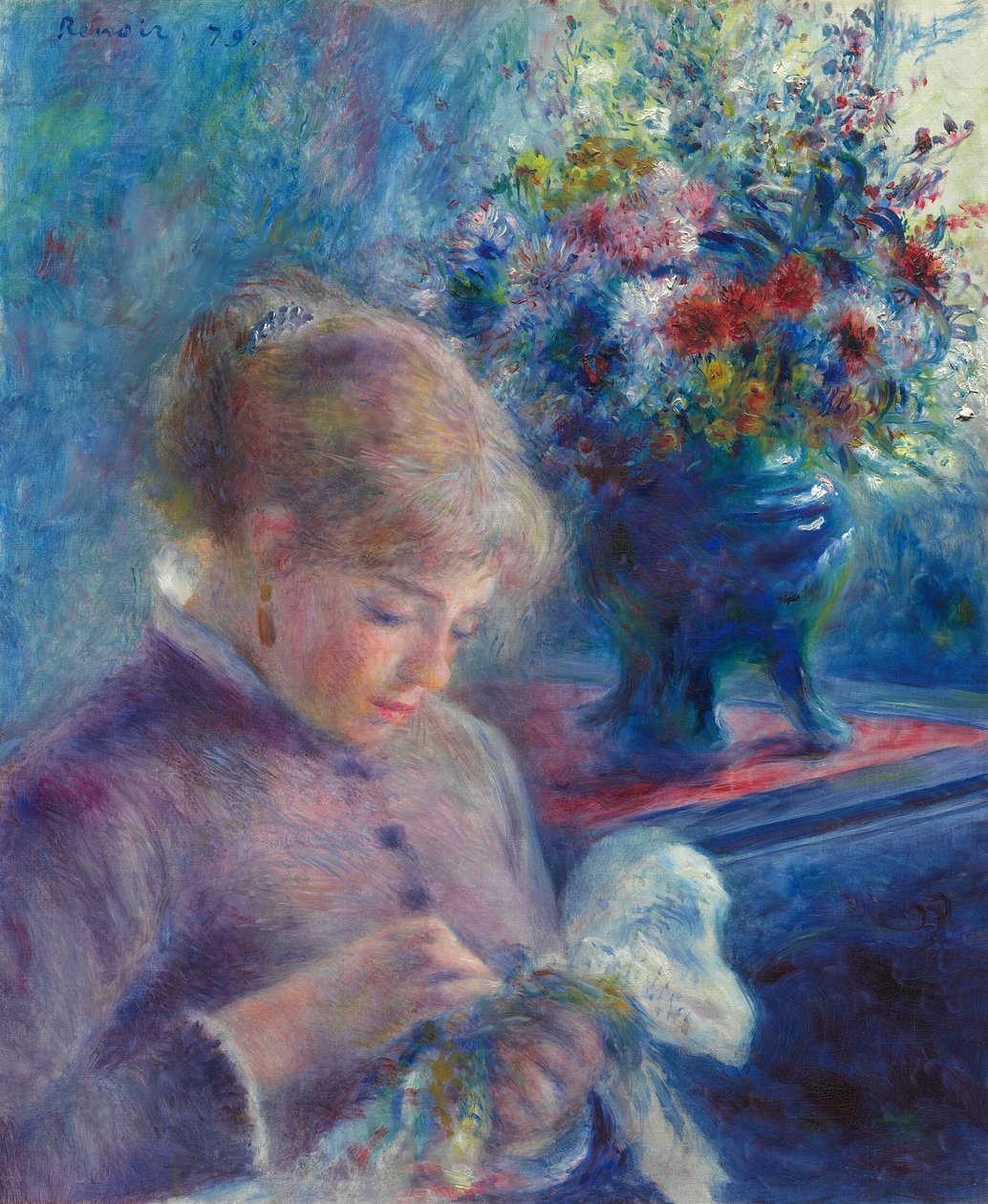 Nuori nainen ompelemassa tekijältä Pierre Auguste Renoir