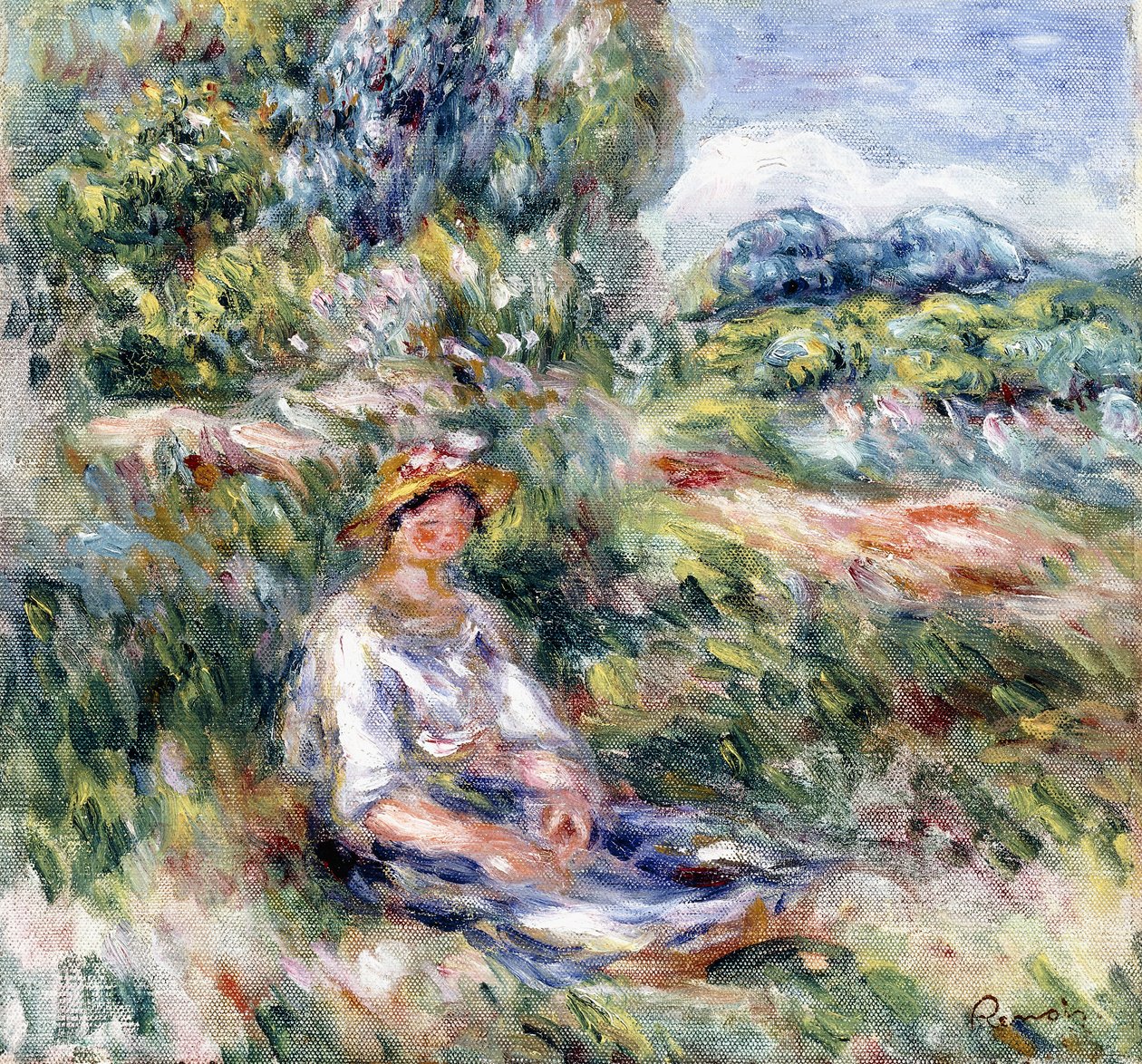 Nuori nainen istuu niityllä, tekijältä Pierre Auguste Renoir