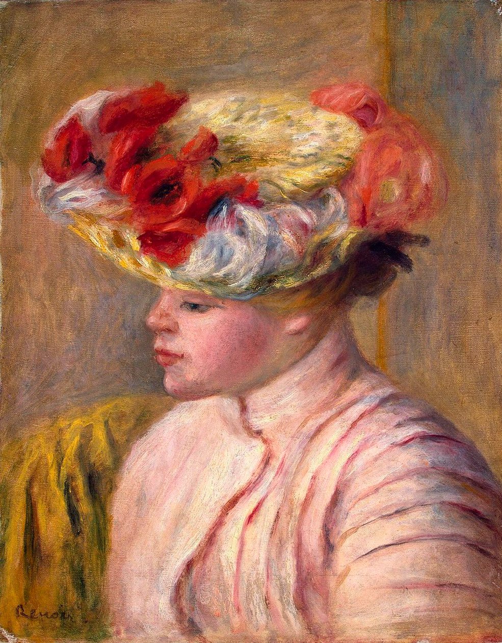 Nuori nainen kukkahattu, 1892. tekijältä Pierre Auguste Renoir
