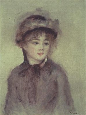 Nuori nainen hatussa (öljy kankaalle) tekijältä Pierre Auguste Renoir