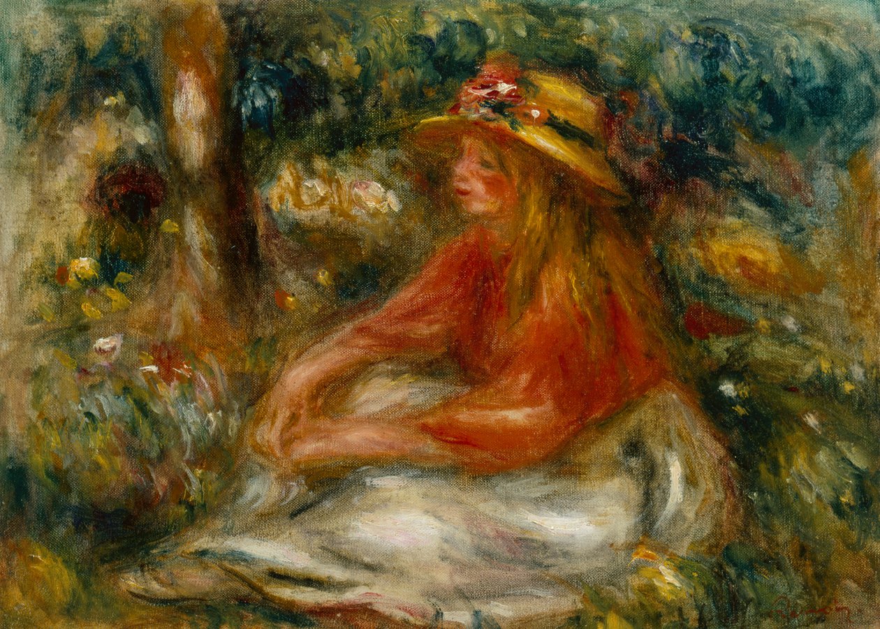 Nuori nainen istuu nurmikolla (öljy kankaalle) tekijältä Pierre Auguste Renoir