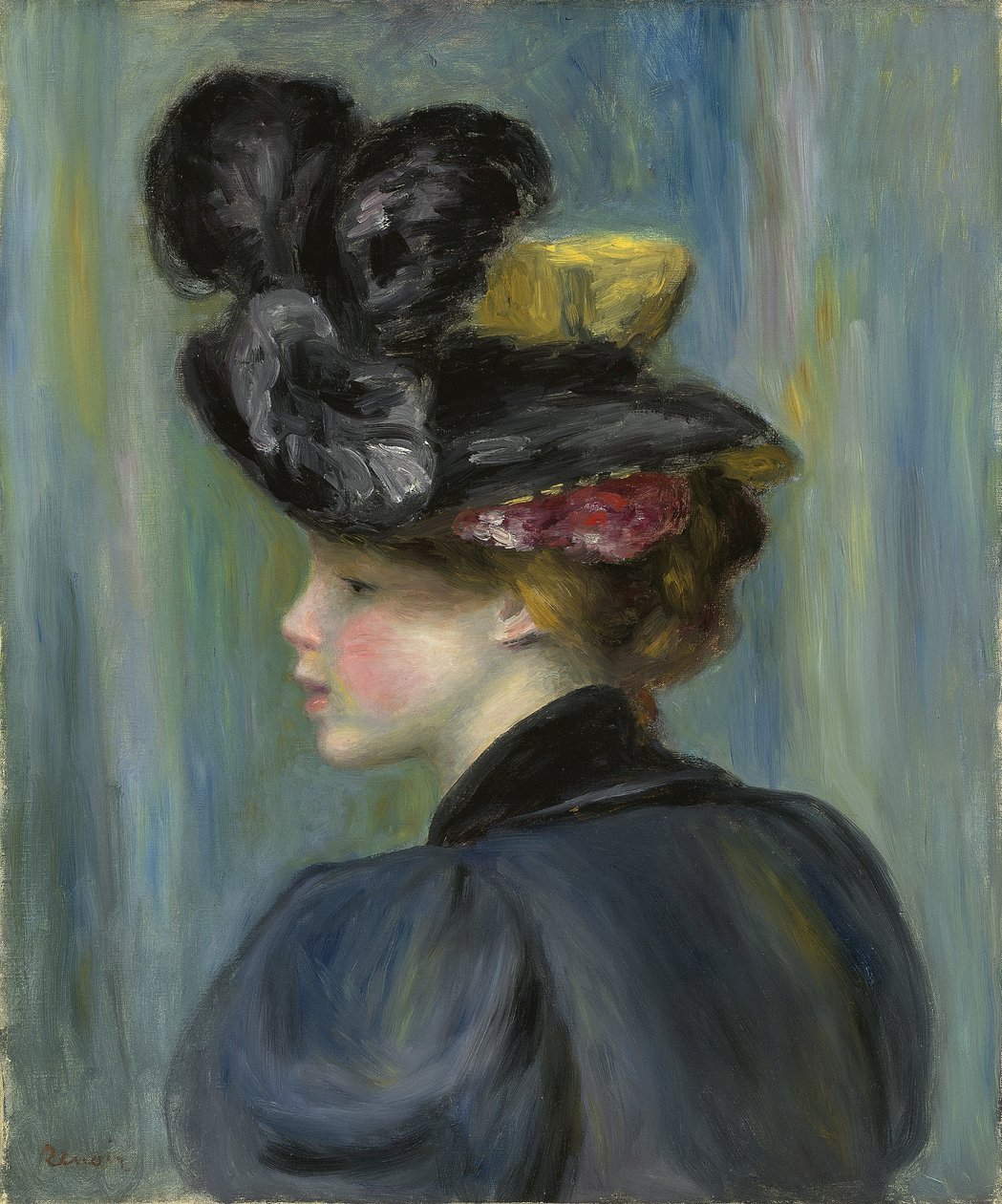 nuori nainen musta hattu; Nuori nainen mustassa hatussa, 1895 tekijältä Pierre Auguste Renoir