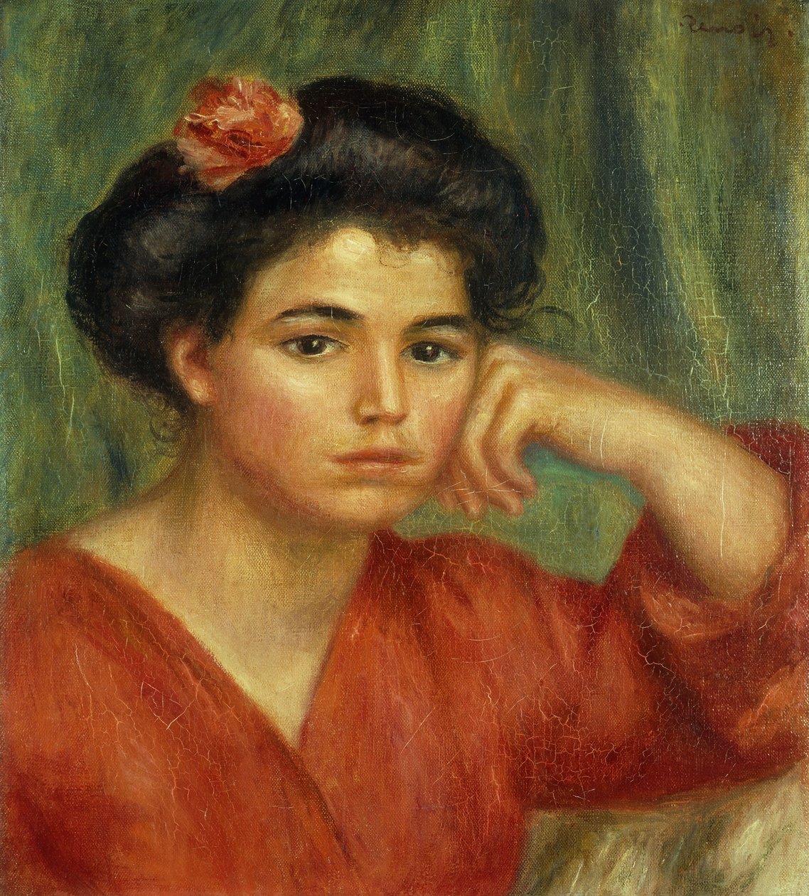 nuori nainen ruusun kanssa; Tyttö ruusun kanssa, 1907 tekijältä Pierre Auguste Renoir