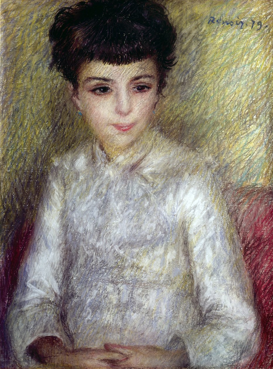 Nuori brunette tyttö istuu kädet ristissä tekijältä Pierre Auguste Renoir