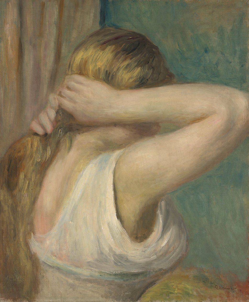 Nuori tyttö kädet kohotettuna, noin 1895 (öljy kankaalle). tekijältä Pierre Auguste Renoir