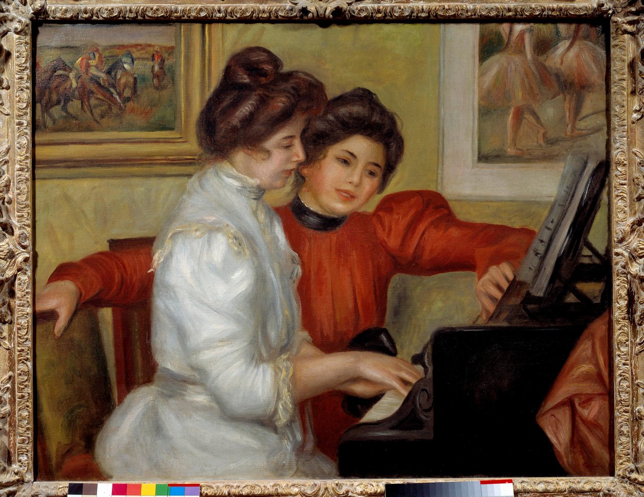Yvonne ja Christine Lerolle pianon ääressä Pierre Auguste Renoirin (1841-1919) maalaus 1898 Su. 0,73x0,92 m Pariisi, Orangerie Museum - Yvonne ja Christine Lerolle pianon ääressä. Pierre Auguste Renoirin (1841-1919) maalaus 1898. 0,73 x 0,92 m. Orangery M tekijältä Pierre Auguste Renoir