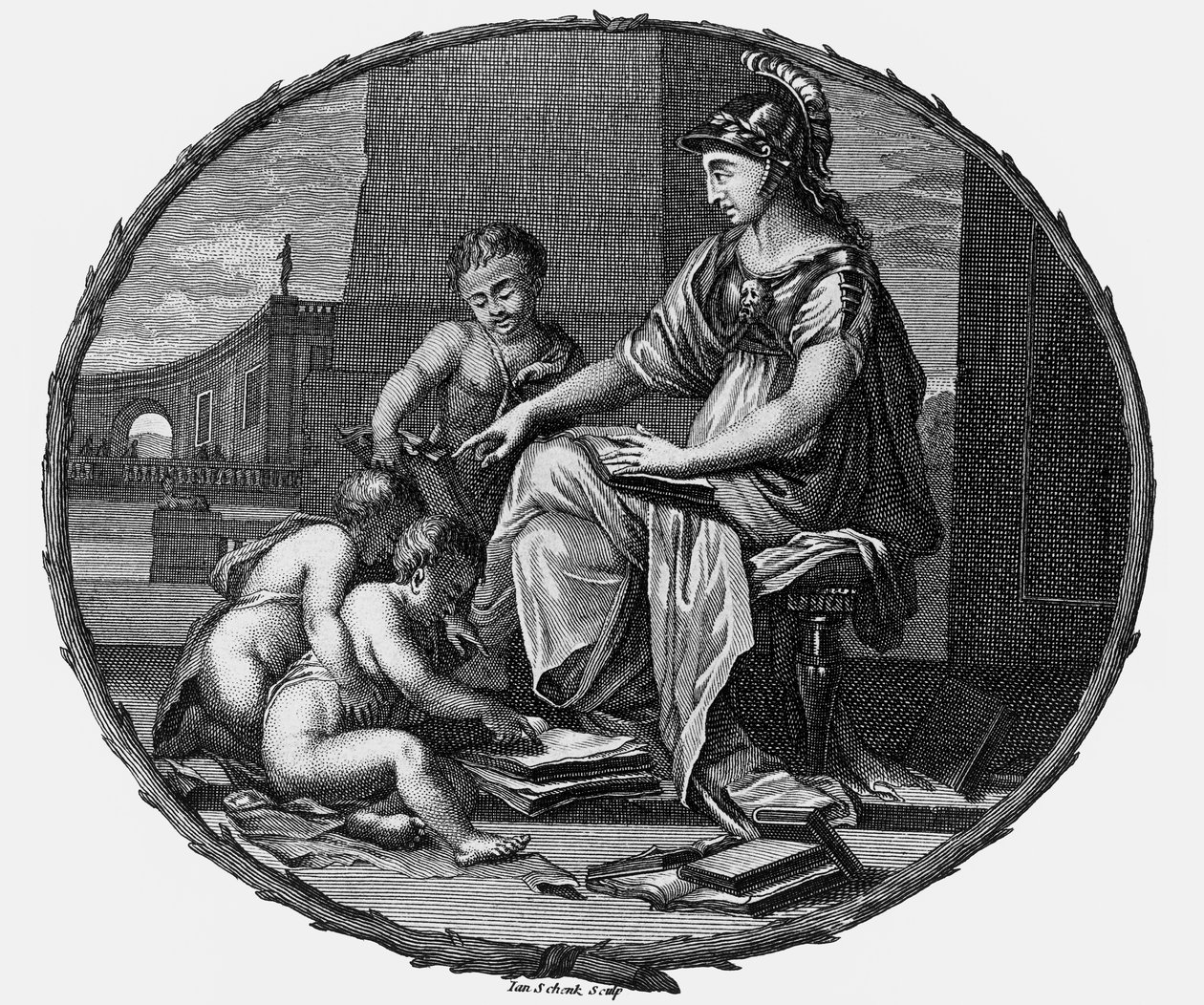 Naispuolinen järjen ja luovuuden allegoria lasten ympäröimänä,1695-1697 (kaiverrus). tekijältä Pierre Bayle