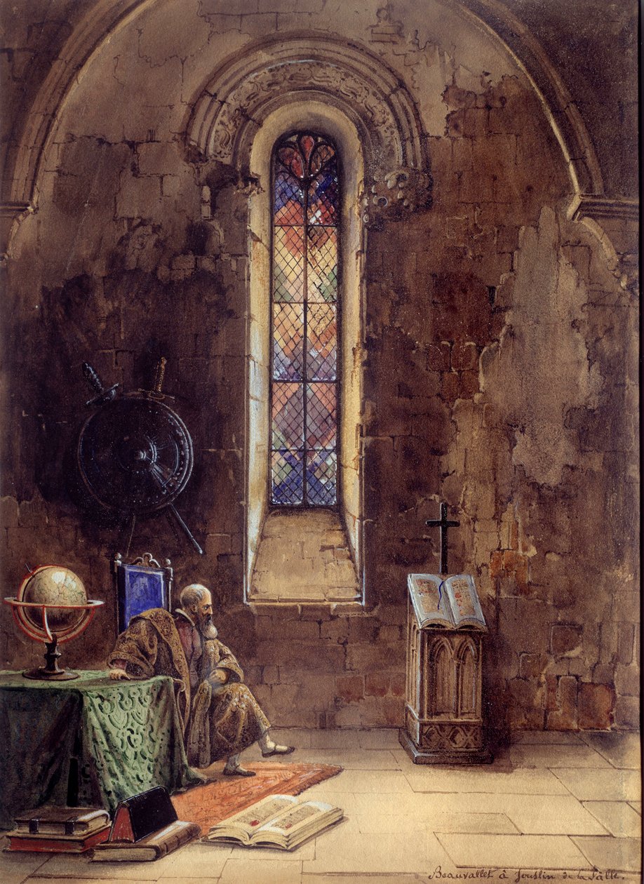 Galilea -esitys Galileo Galileista Francois Ponsardin (1814-1867) teoksessa ""Galilea" French Comedie