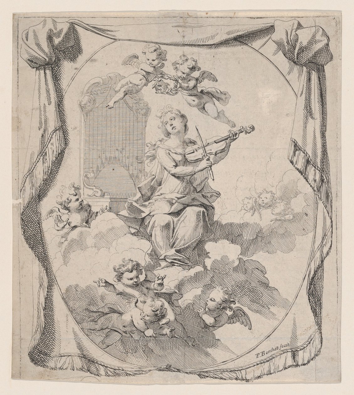 Pyhä Cecilia pilvillä, enkeleiden tukema, 1696, 1696. tekijältä Pierre Berchet