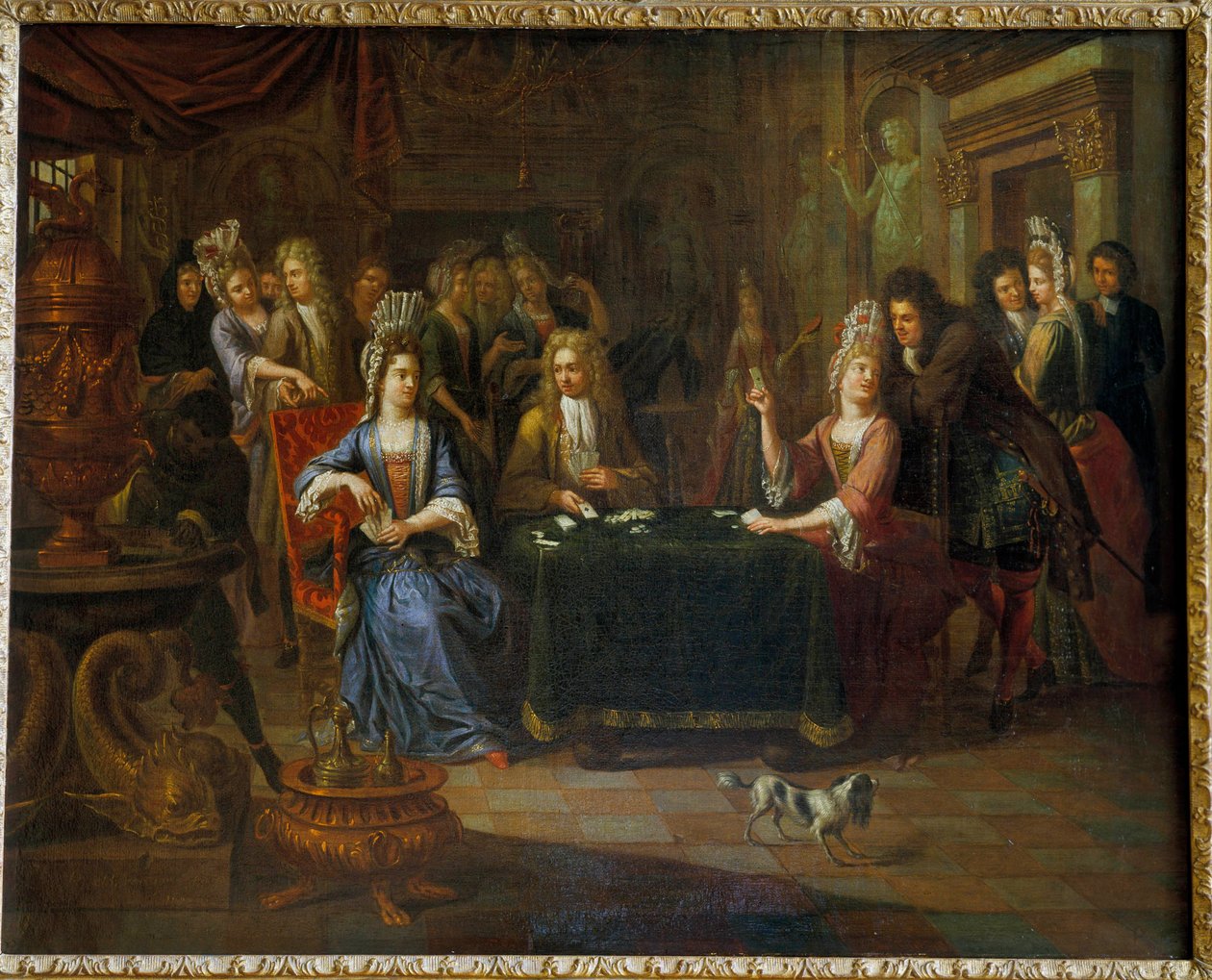 Aatelisten korttipelaajat pelaavat korttia olohuoneessa. Pierre Bergaignen (1652-1708) maalaus 1699 Arras, Musee Des Beaux Arts tekijältä Pierre Bergaigne