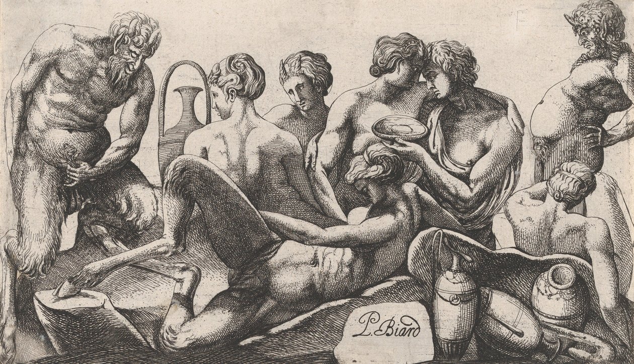 Kahdeksan satyyriä ja satyressaa lopettamassa aterian, 1607-61. tekijältä Pierre Biard