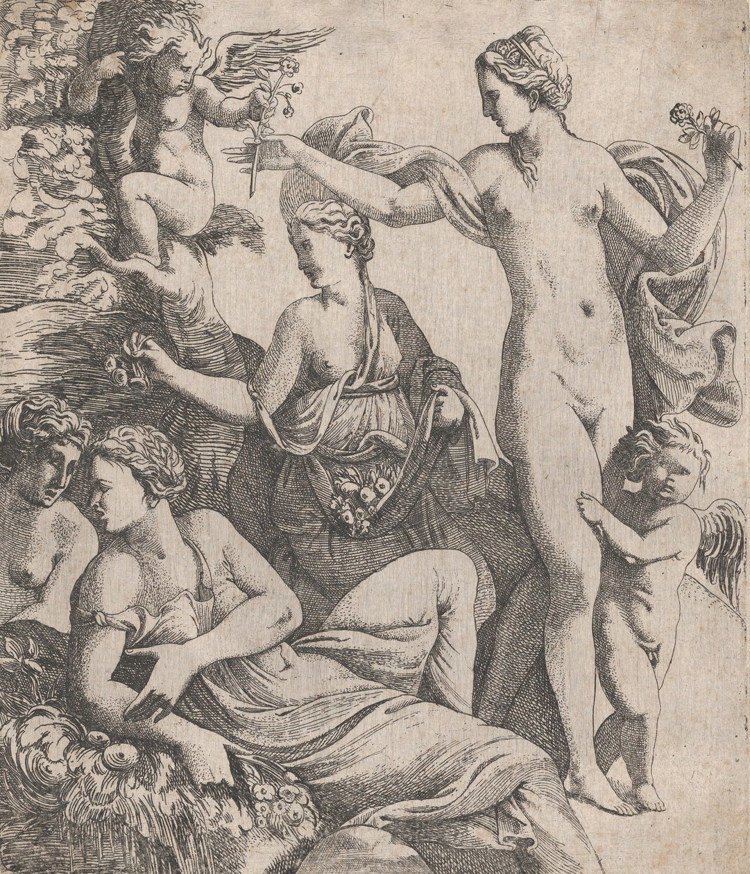 Venukselle, joka seisoo kolmen armon kanssa, tarjotaan kukka putosta, 1607-61. tekijältä Pierre Biard
