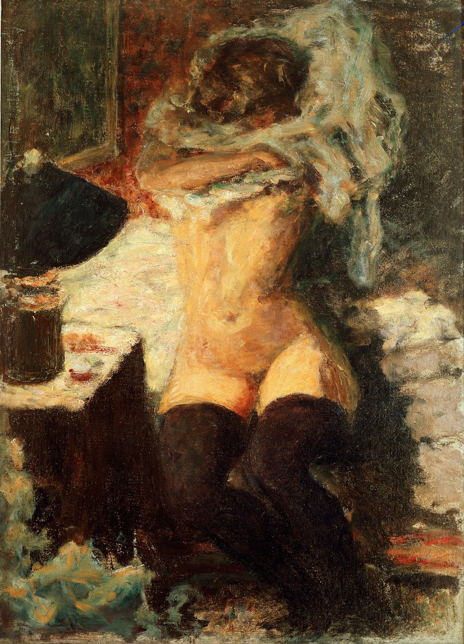 Mustat sukat Nainen riisuutumassa. Pierre Bonnardin (1867-1947) maalaus 1908 Dim. 58x43 cm Englanti, kokoelma The Earl of Rosslyn tekijältä Pierre Bonnard