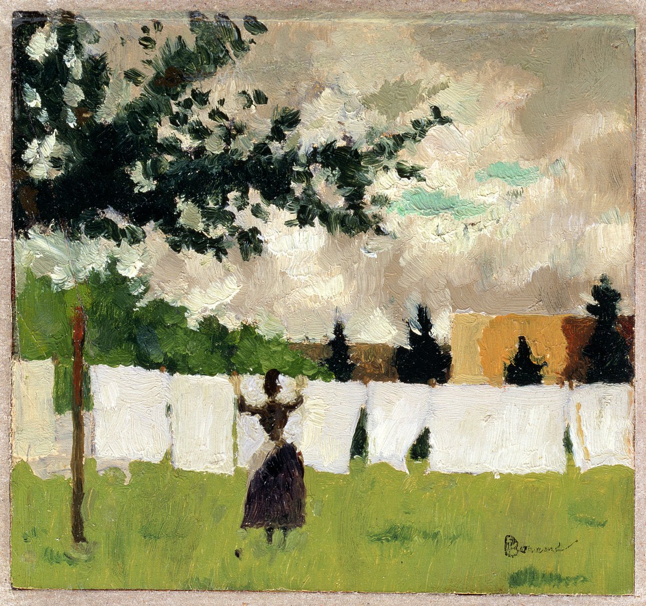 Woman Hanging Clothes, n. 1892 (öljy paperille paneelissa) tekijältä Pierre Bonnard