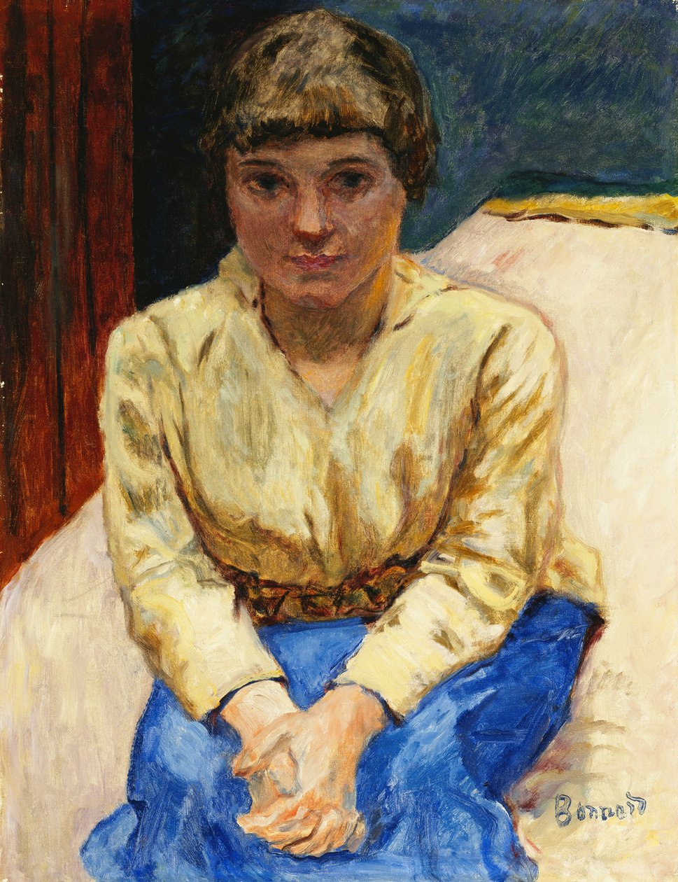 Tyttö istuu kädet ristissä; Nuori tyttö istuu, Les Mans Croisees, n. 1916 (öljy kankaalle) tekijältä Pierre Bonnard