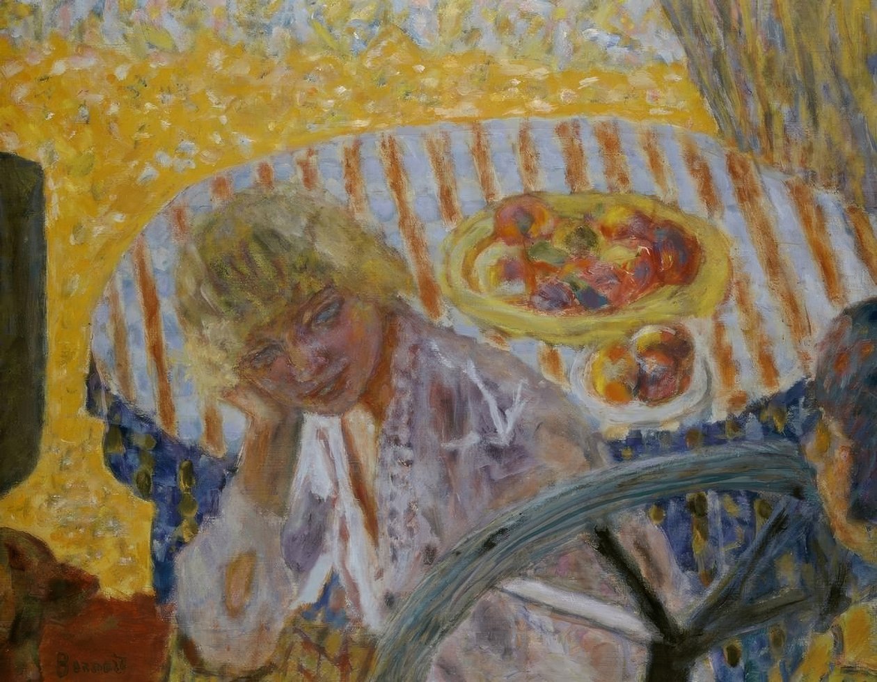 Nuori nainen raidallinen pöytäliina tekijältä Pierre Bonnard