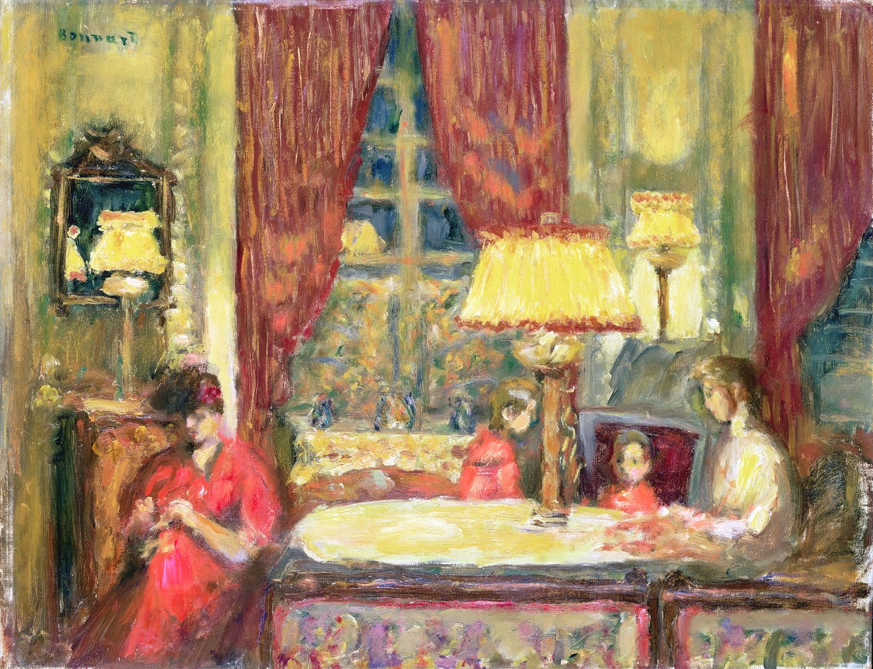 Lamppuvalaistu sisustus figuureilla (öljy kankaalle) tekijältä Pierre Bonnard