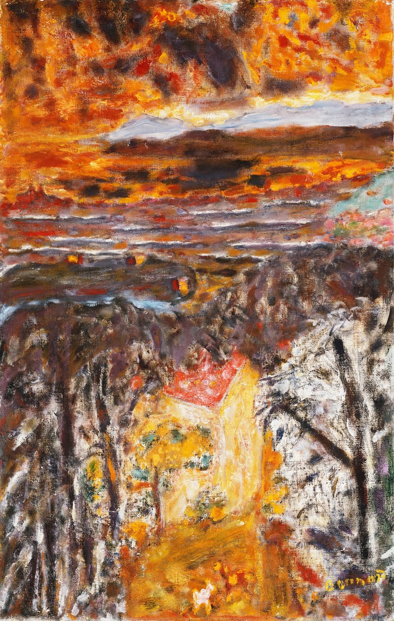 Maisema, vaaleanpunainen talo, auringonlasku; Maisema, vaaleanpunainen talo, auringonlasku, n. 1934 (öljy kankaalle) tekijältä Pierre Bonnard