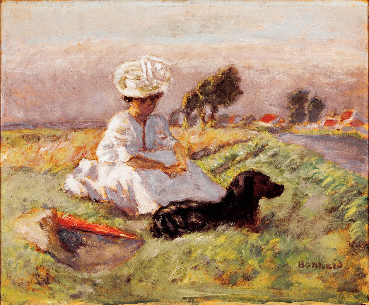 Madame Bonnard Taiteilijan vaimo istuu taistelussa koiransa kanssa. Pierre Bonnardin maalaus tekijältä Pierre Bonnard