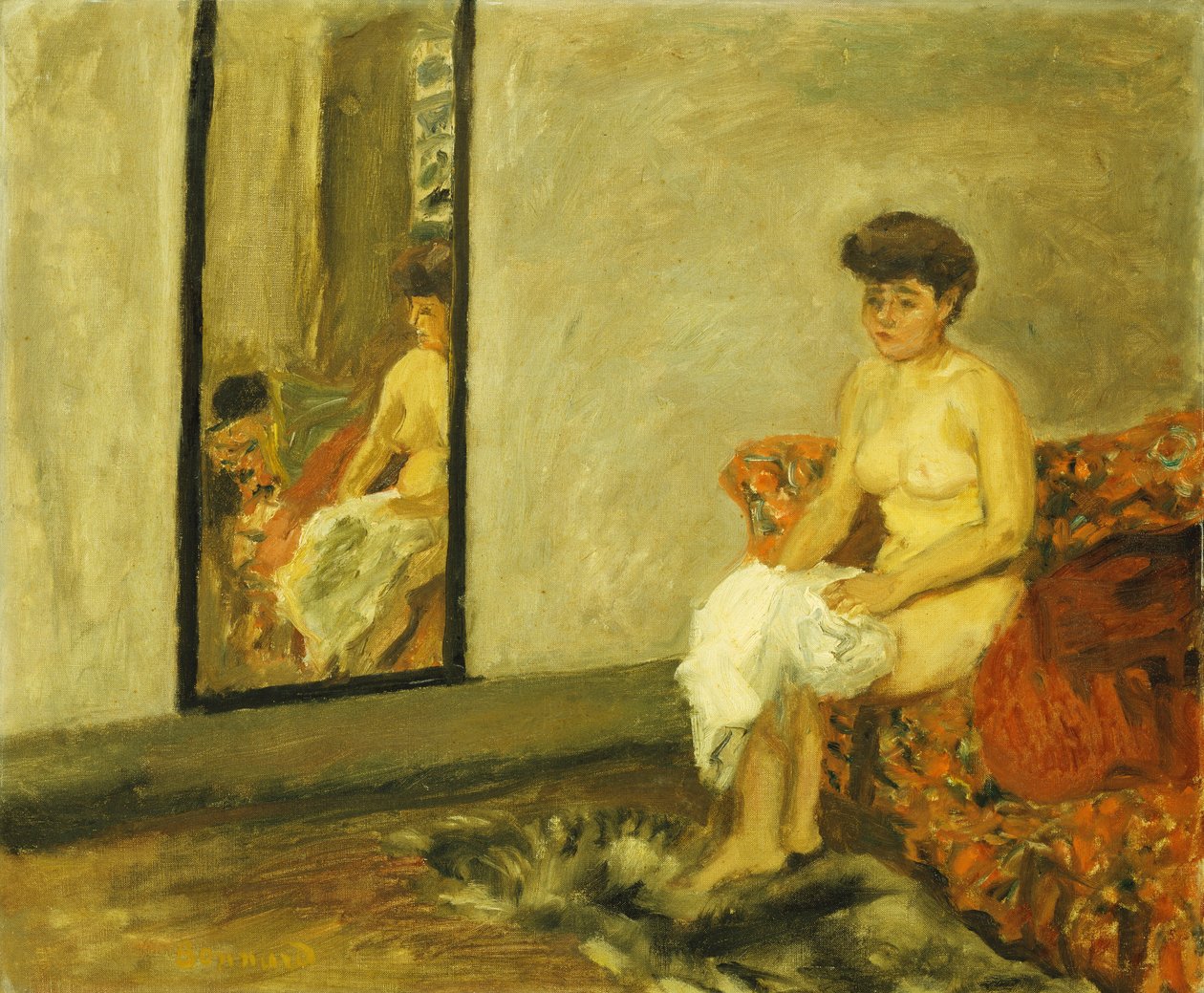 Alaston istuminen punaisella tuolilla; Alaston istuva punaisella tuolilla tekijältä Pierre Bonnard