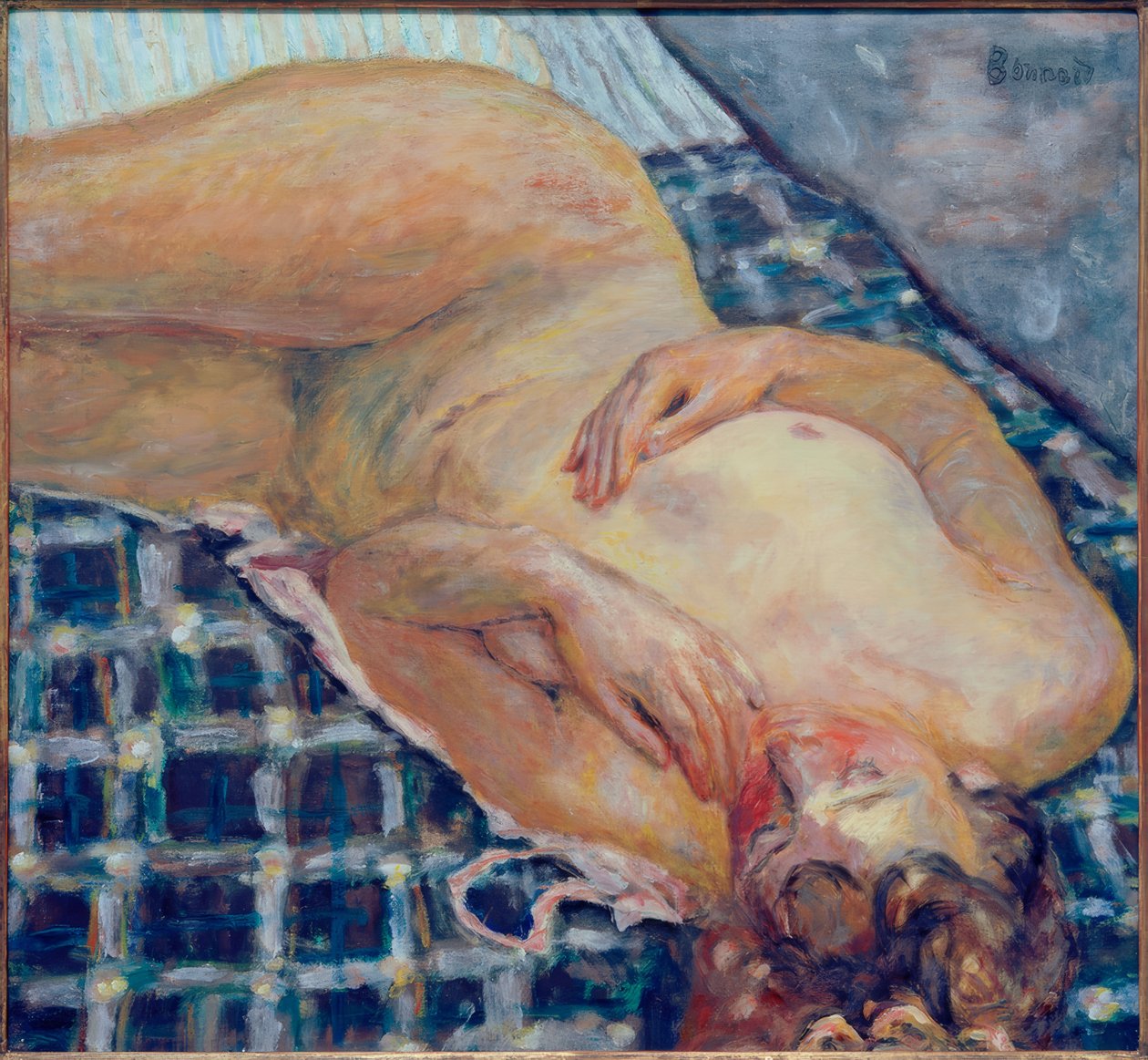 Makaamassa alaston, valkoinen ja sininen ruudullinen tausta tekijältä Pierre Bonnard