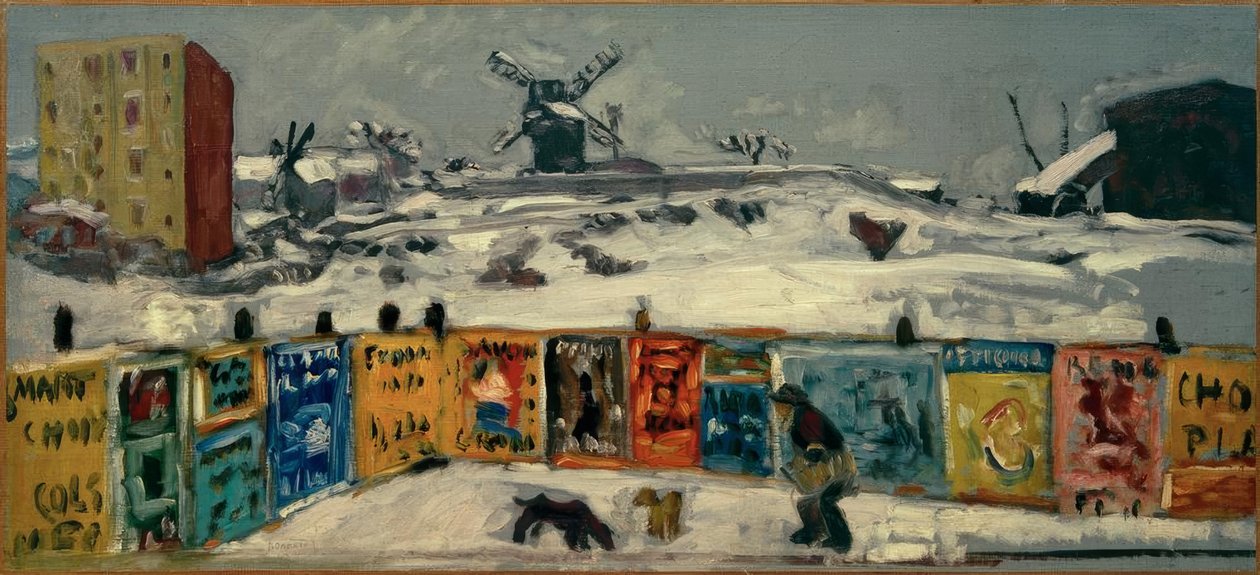 Palisade, julisteet (julisteilla peitetty palissi ja vanhat Montmartren myllyt lumen alla) tekijältä Pierre Bonnard