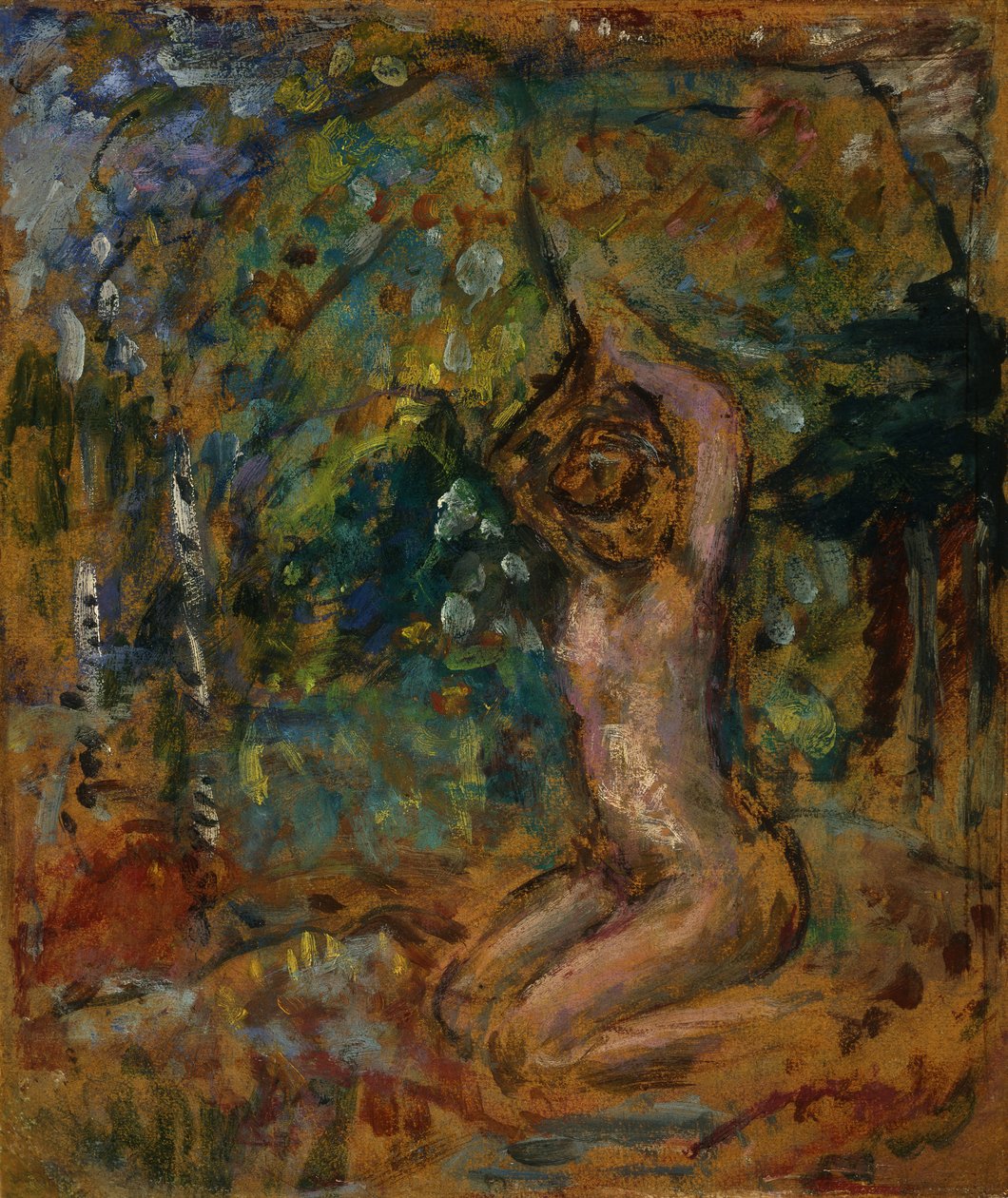 Pieni alastonkuva, kädet koholla, maisemassa, n. 1907 (liimamaalaus levylle asetettuna kehtopaneelille) tekijältä Pierre Bonnard
