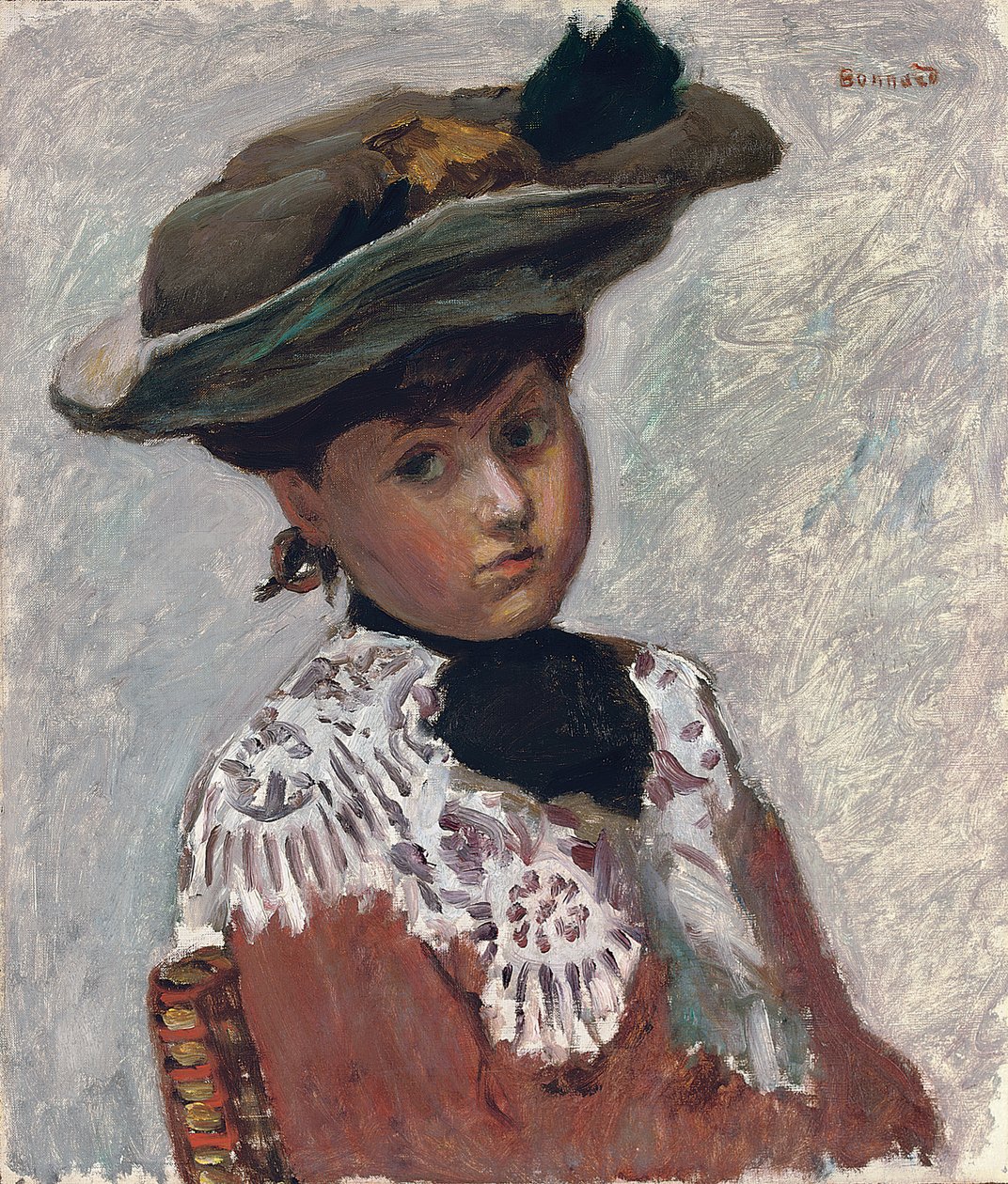 Nuoren naisen muotokuva tai hattu; Nuoren naisen muotokuva (The Hat), n. 1905 (öljy kankaalle asetettuna alukselle) tekijältä Pierre Bonnard