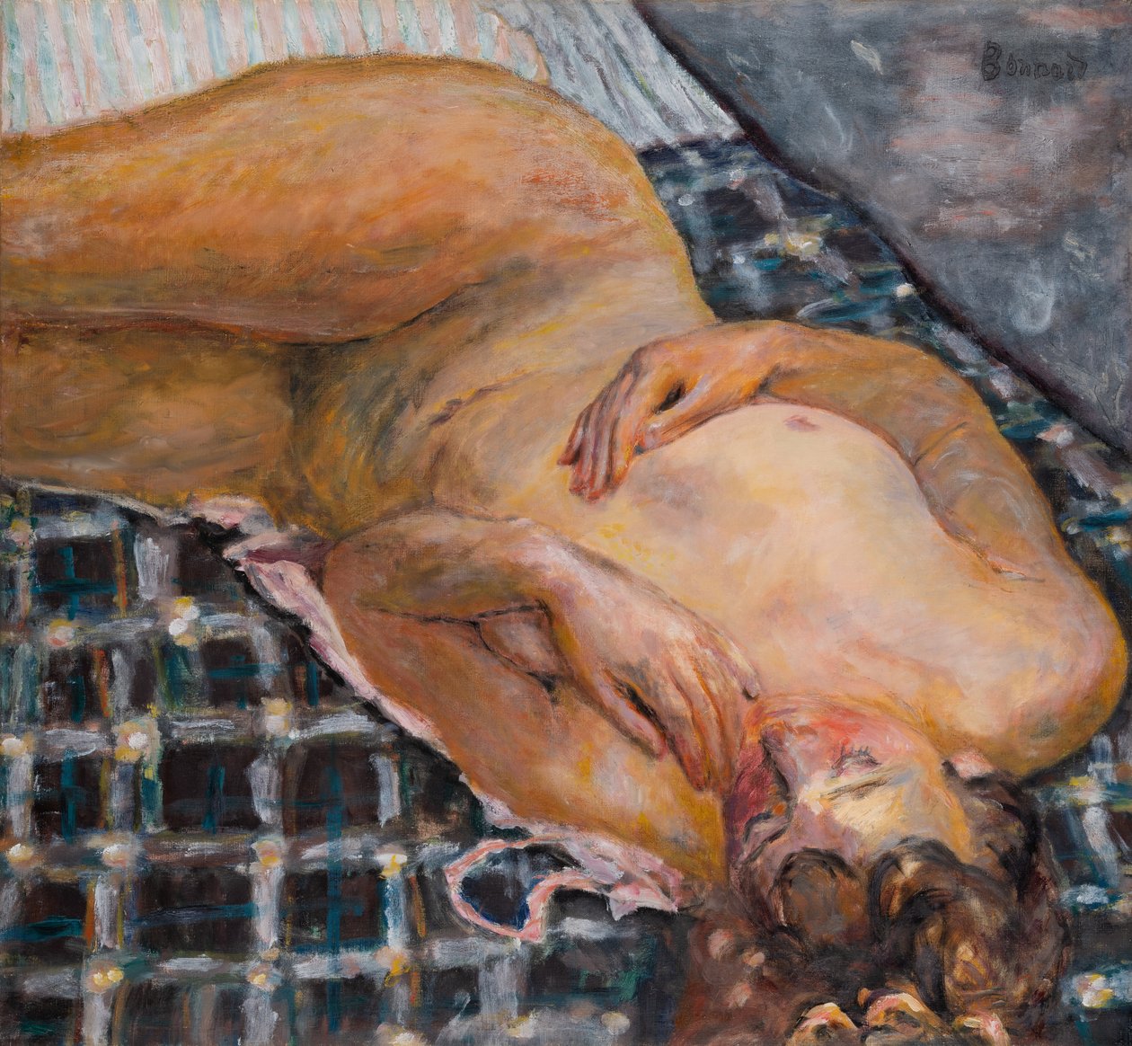 Makaava alaston valkoista ja sinistä ruutua vasten, noin 1909 (öljy kankaalle). tekijältä Pierre Bonnard