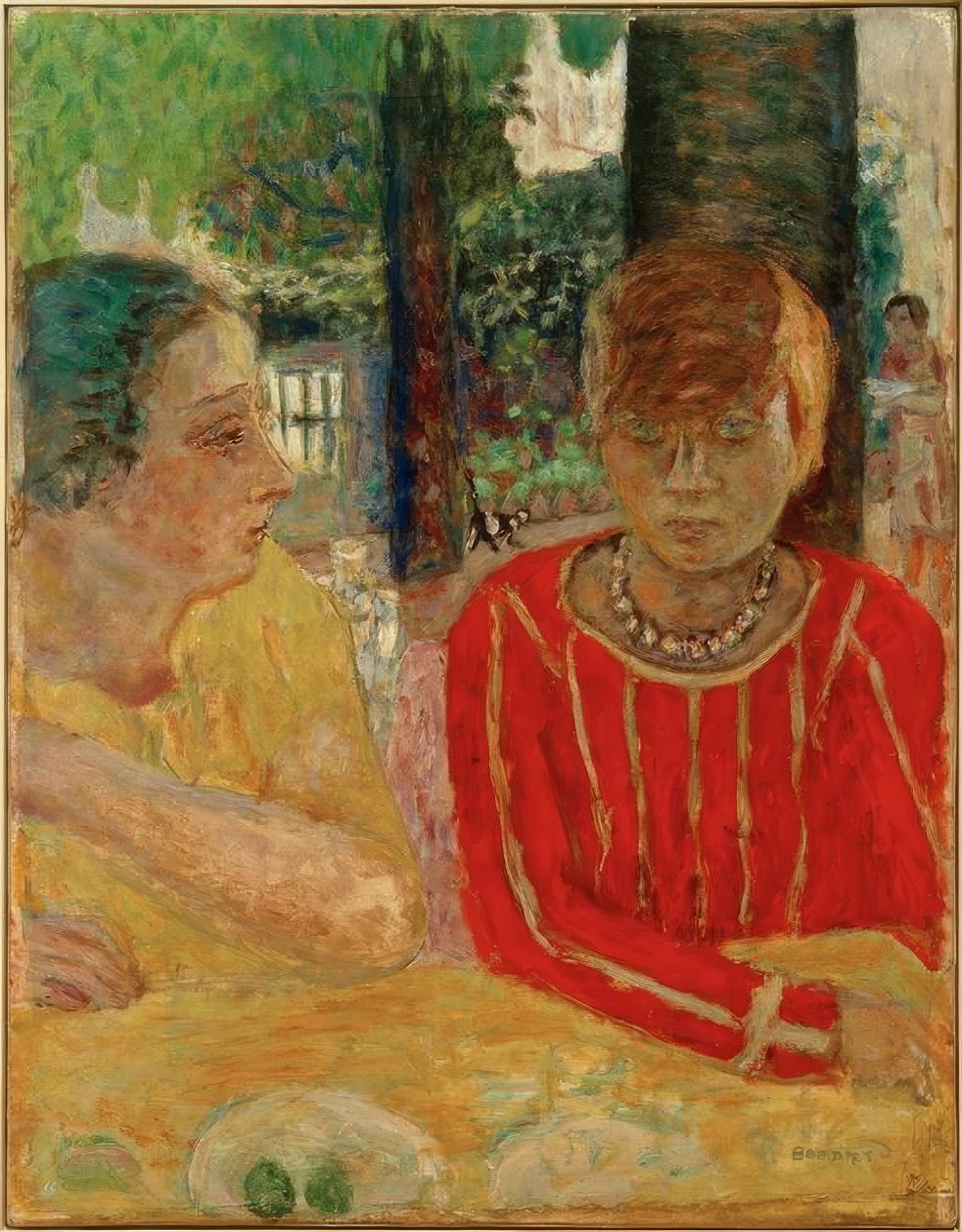 Reine Natanson ja Marthe Bonnard punaisen korsetin kanssa tekijältä Pierre Bonnard