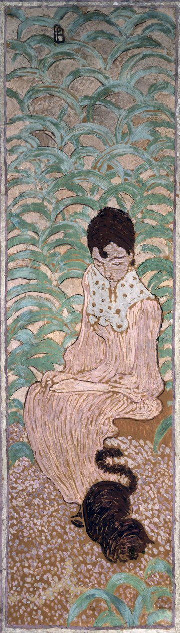 Istuva nainen kissan kanssa, yksi neljästä Naiset puutarhassa -paneelista, 1891 (öljy paperille kankaalle) tekijältä Pierre Bonnard