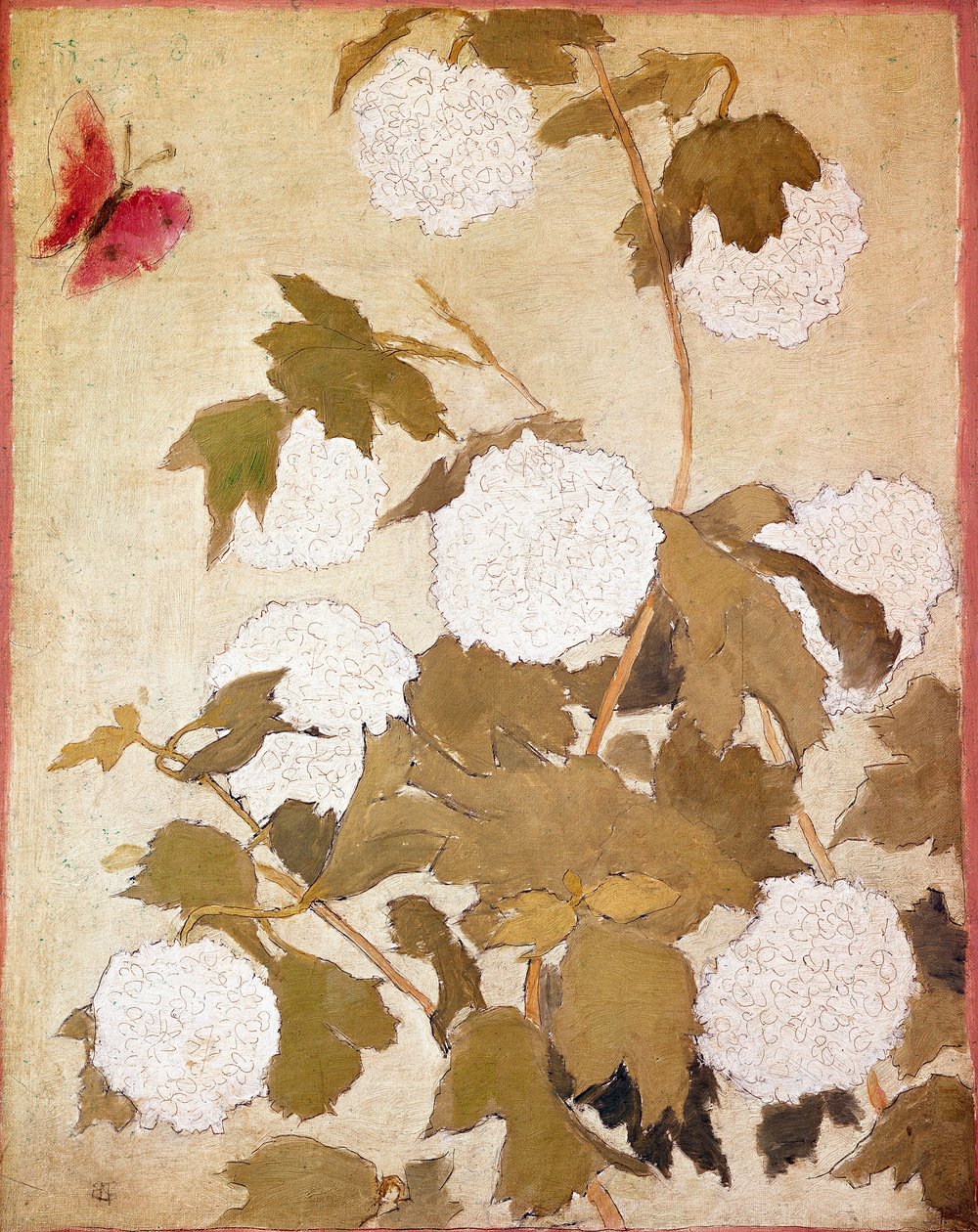 Lumipallot Kukat Lumipallot (Viburnum Ob) ja punainen perhonen. Pierre Bonnardin maalaus (1867-1947) Kokoelma P. M. Samuel tekijältä Pierre Bonnard