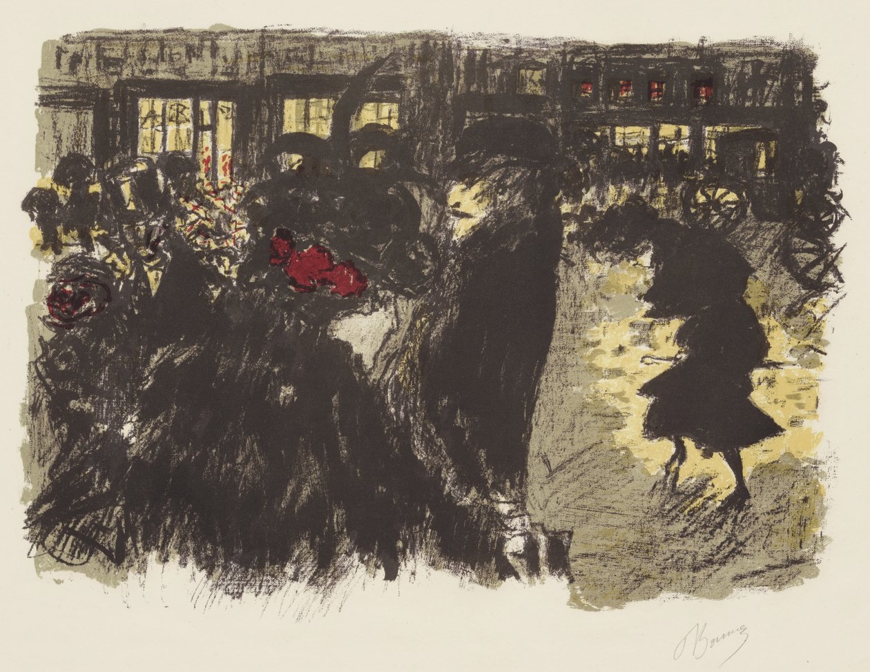 Some Aspects of Life in Paris, 7: The Square in the Evening, n. 1898 (litho keltaisella, punaisella, violetilla, vihertävän harmaalla kudospaperilla) tekijältä Pierre Bonnard