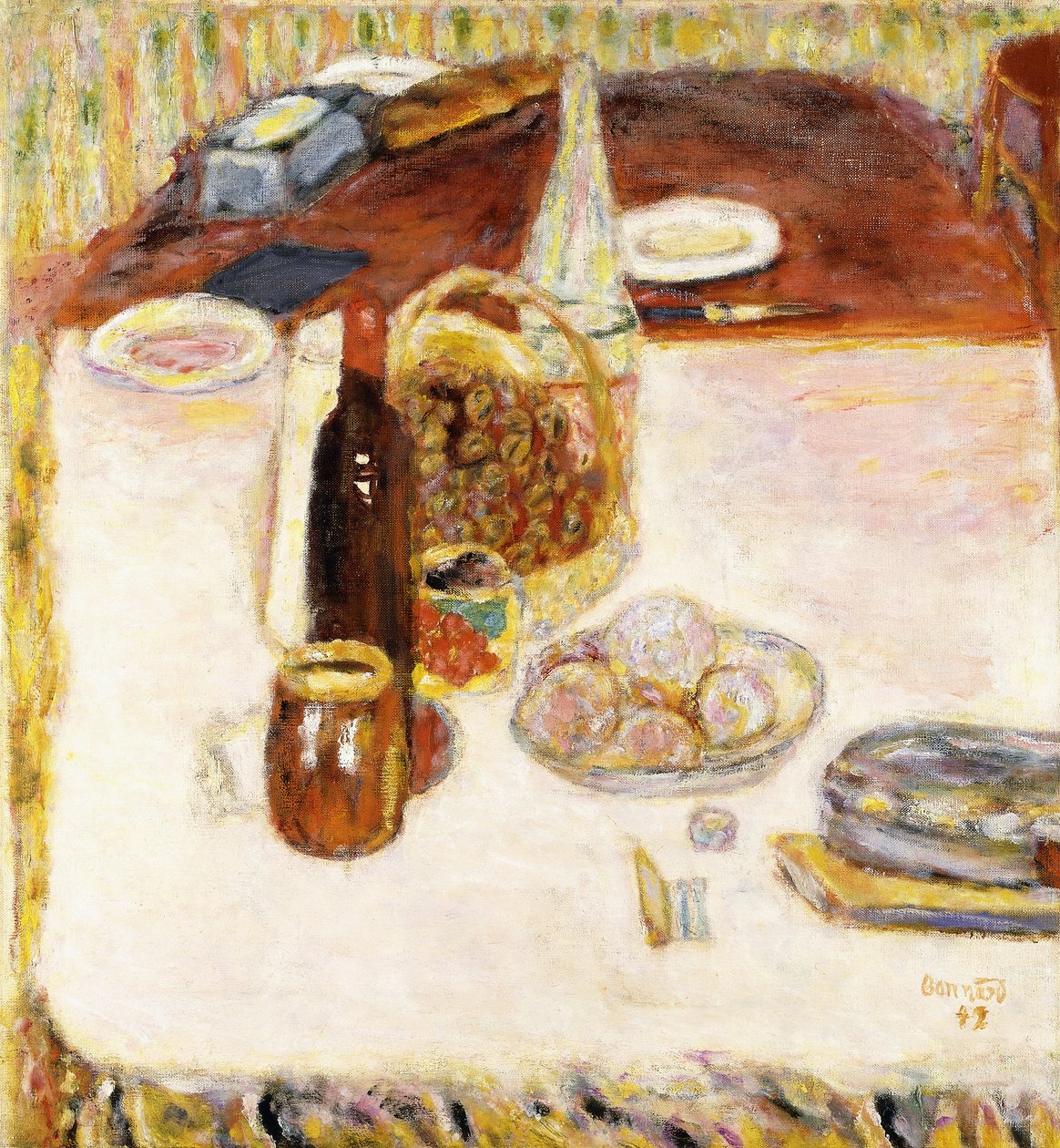 Asetelma punaviinipullon kanssa tekijältä Pierre Bonnard