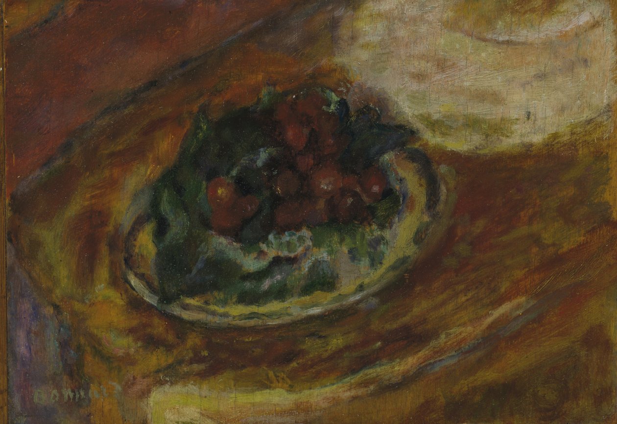 Asetelma: Kirsikat, n. 1942 (öljy puulevylle) tekijältä Pierre Bonnard