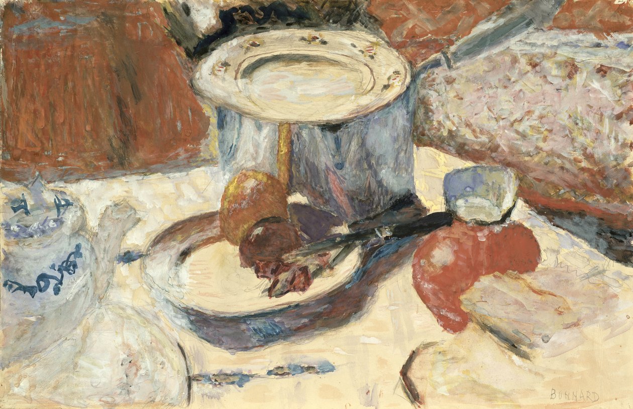 Asetelma kattilan kanssa, 1930 (guassi & wc paperilla) tekijältä Pierre Bonnard