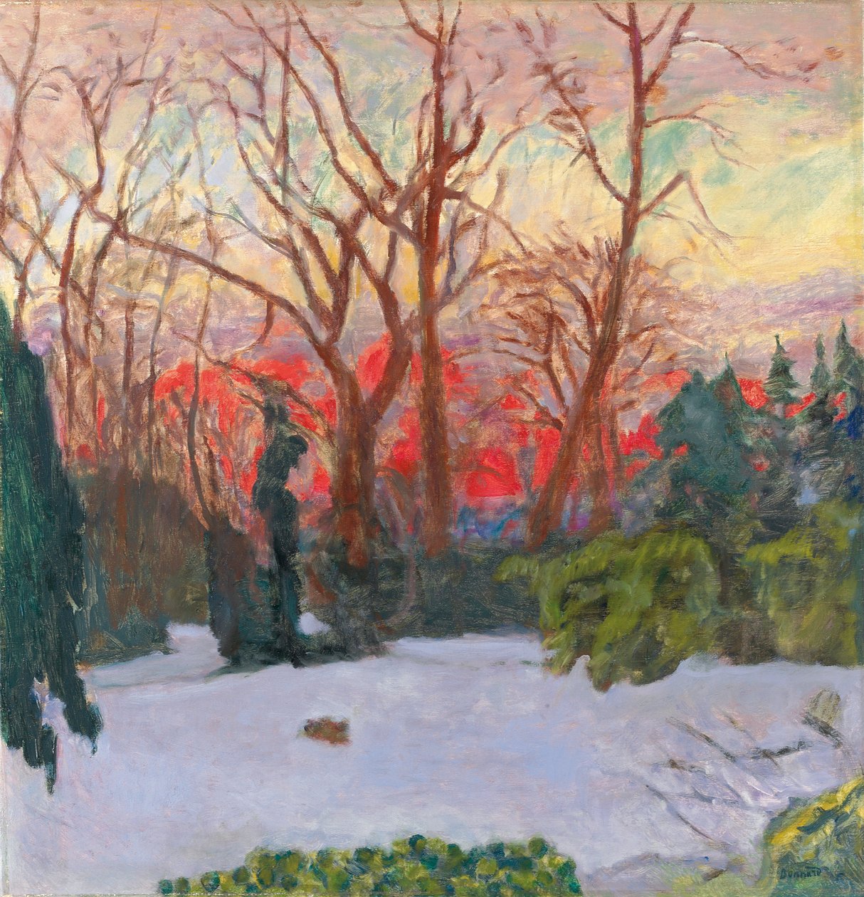 Puutarha lumen alla, auringonlasku; Puutarha lumessa, laskeva aurinko, n. 1910 (öljy kankaalle) tekijältä Pierre Bonnard