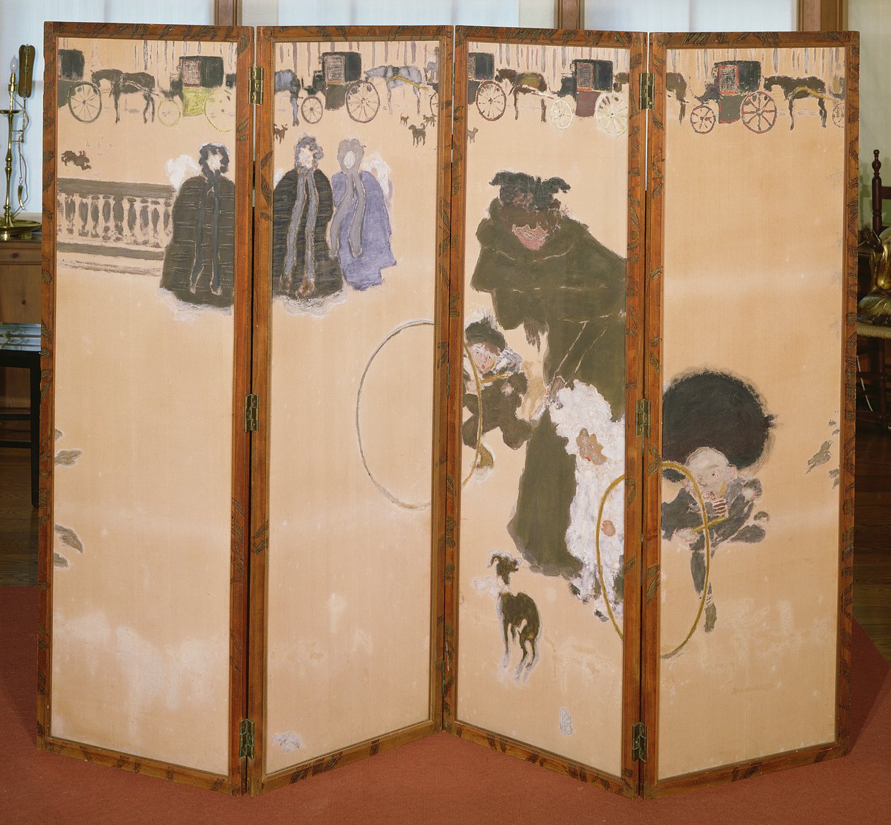 The Nannies Out for a Walk tai Frieze of Hackney Carriages, Taitettava sermi 4 paneelissa, 1899 (väriprintit puukankaalla) tekijältä Pierre Bonnard