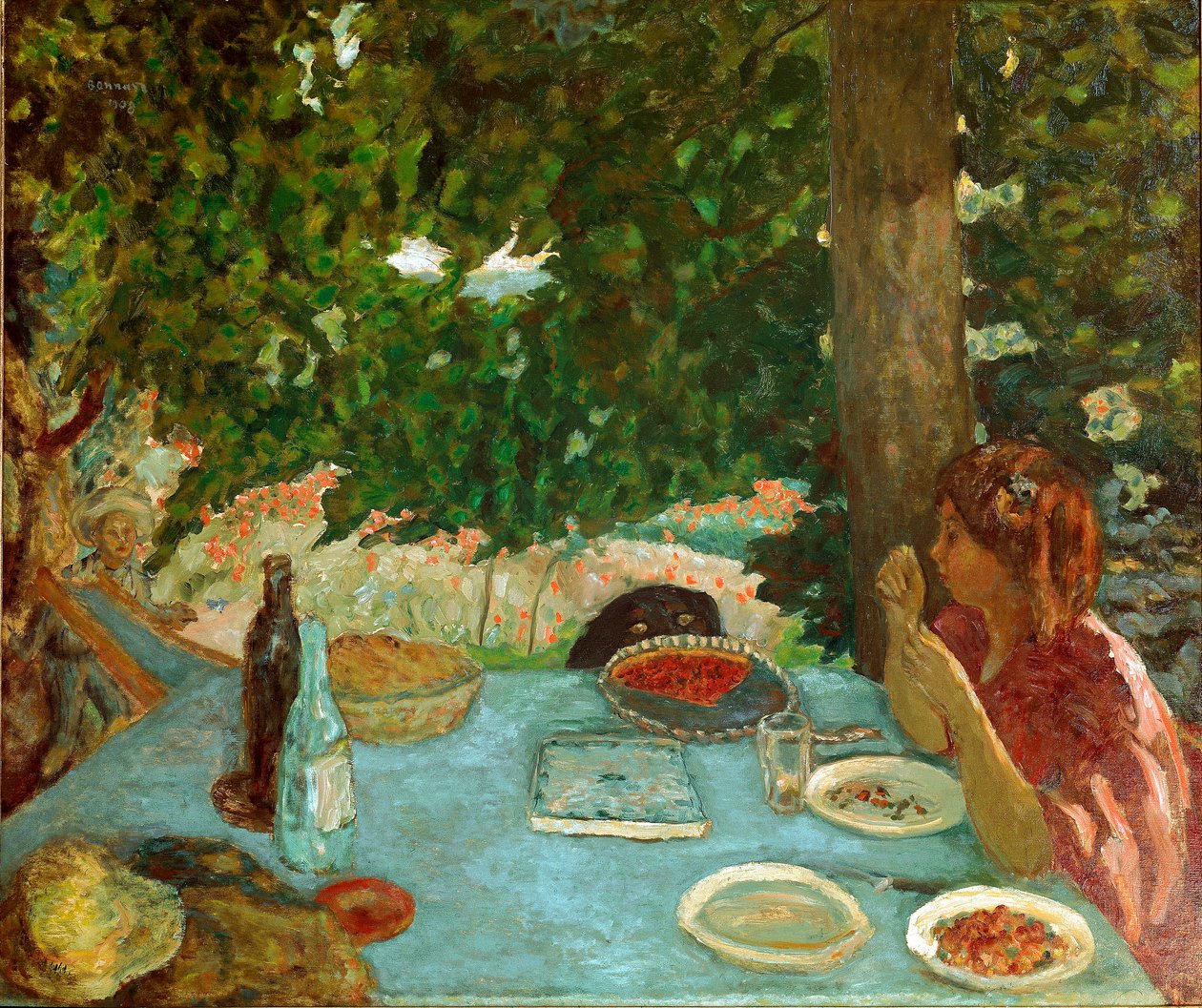 Kirsikkapiirakka Nuori nainen istuu on pöytä puutarhassa. Pierre Bonnardin (1867-1947) maalaus 1908 Dim. 115x126 cm Zürich, kokoelma Peter Nathan tekijältä Pierre Bonnard