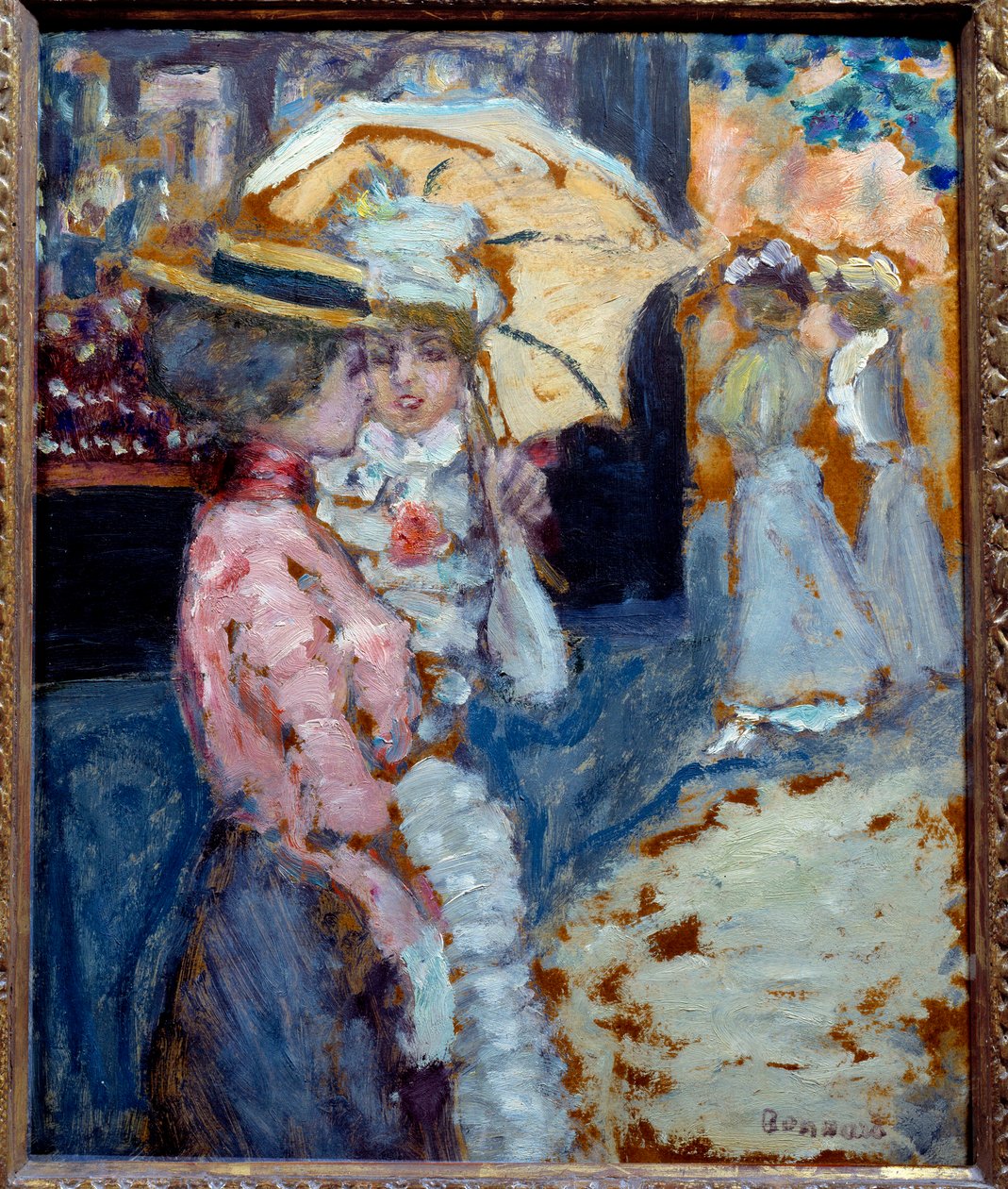 Kävely Kaksi tyylikästä nuorta naista pukeutuneena muotiin Belle Epoque puhumassa sateenvarjon alla. Pierre Bonnardin (1867-1947) maalaus 1900 Sun. 0,38x0,21 m Yksityinen kokoelma tekijältä Pierre Bonnard