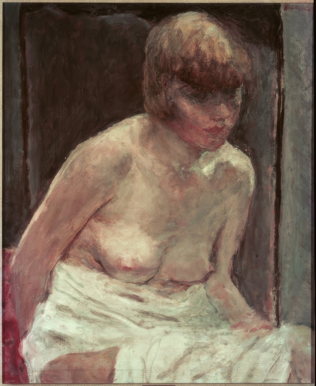 Nuoren naisen ylävartalo valkoisessa kylpytakissa tekijältä Pierre Bonnard