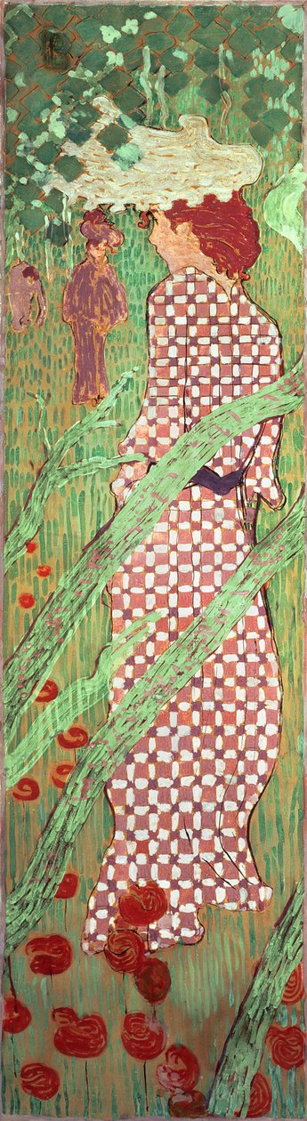 Nainen ruudullinen mekko, yksi neljästä Women in the Garden -paneelista, 1891 (öljy paperille kankaalle) tekijältä Pierre Bonnard