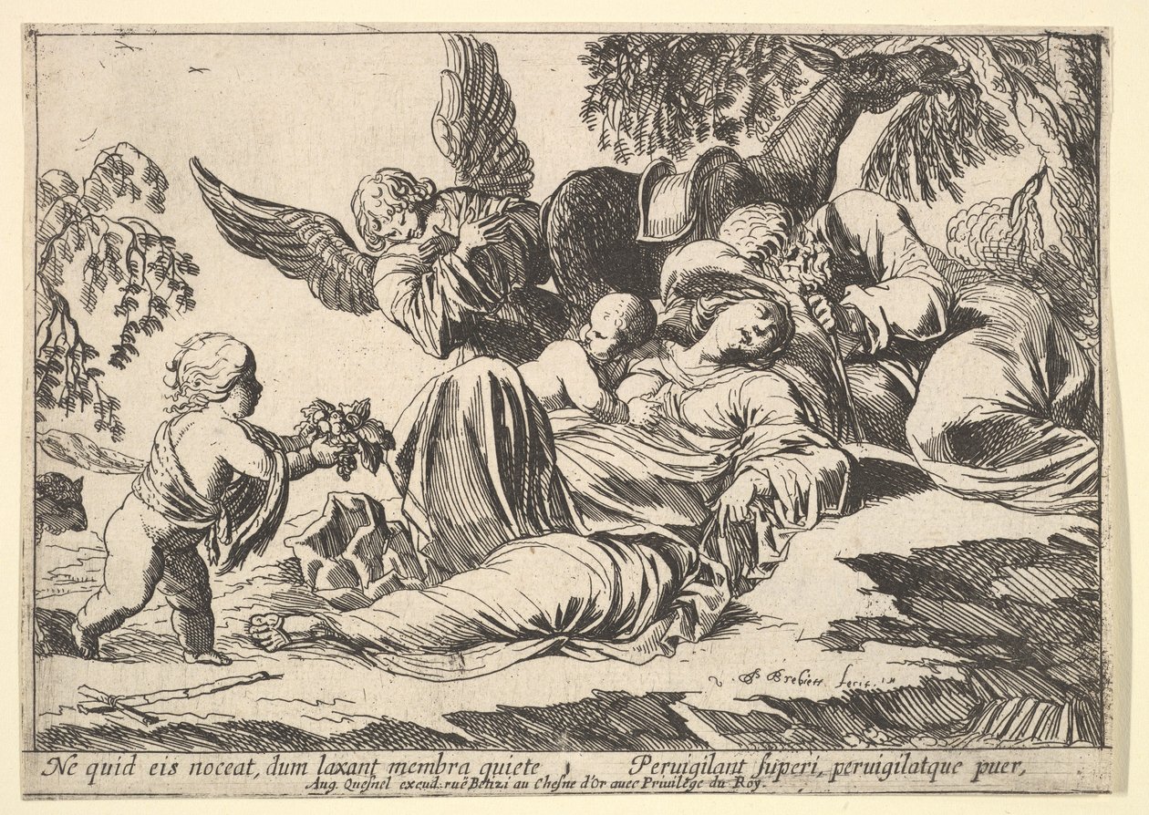 Enkelit antavat hedelmää nukkuvalle pyhälle perheelle, 1610-42. tekijältä Pierre Brebiette