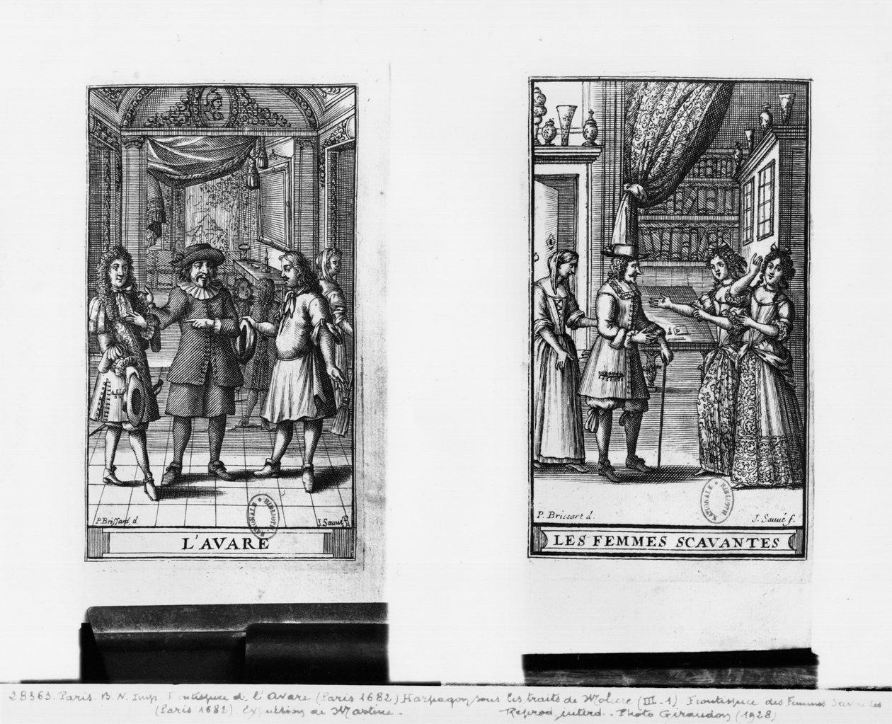 Moliere Harpagonina, etukappale teokselle "The Miser", 1668, ja Molieren (1622-73) "Learned Ladies" -elokuva, 1672, Jean Sauven (fl.1660-91) kaivertama, Pariisissa vuonna 1682 julkaistu (s. tekijältä Pierre Brissart