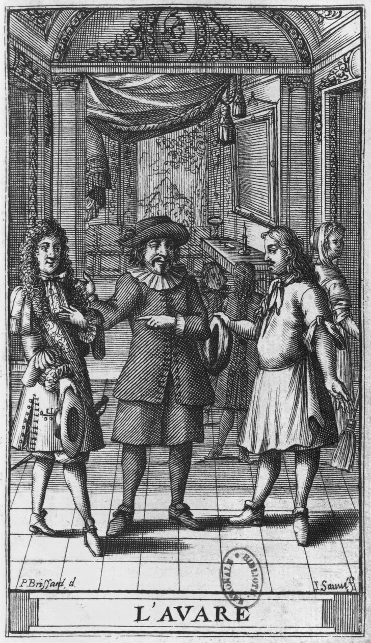 Moliere Harpagonina, etukappaleen kuvitus Molieren "The Miser" -teoksesta, kaiverrettu Jean Sauve (fl.1660-91) painos 1682 tekijältä Pierre Brissart