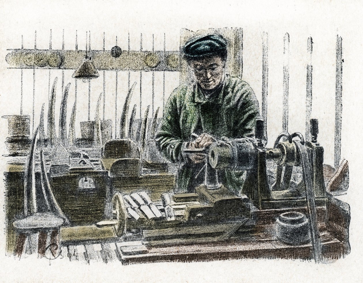 Norsunluutyöntekijä veistämällä norsun hampaat työssään työpajassaan, joka työskentelee norsujen suojan parissa (Ivory-työntekijä veistää norsunhampaita) Kaiverrus Pierre Calmette Collection privee:stä Excursion a travers les metiers tekijältä Pierre Calmettes