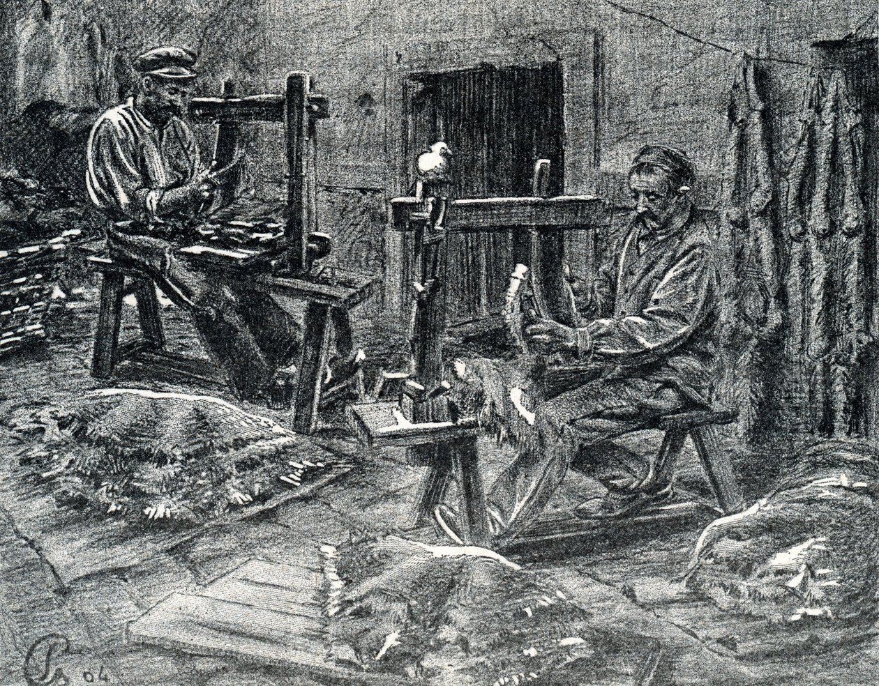 Artesãos descarnando as peles de carneiro Gravura de “Excursion a travers les métiers” de Pierre Calmette Coleção particularfinlandês tekijältä Pierre Calmettes
